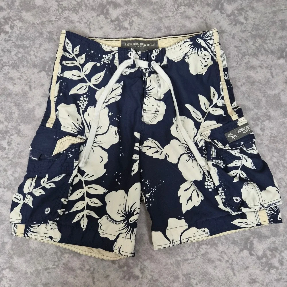 Vintage Abercrombie Tropical Board Shorts Men L Swim Trunks Navy Blue Resortwear